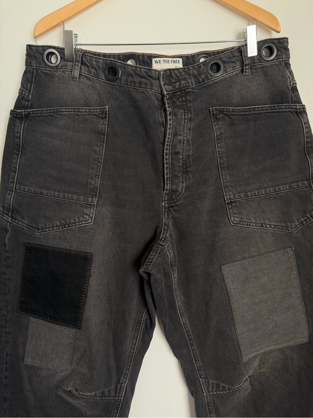 We The Free FP We Moxie Pull On Barrel Jeans Night Hawk Black Women Patch Sz 32 - Picture 4 of 11